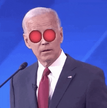 President Joe Biden from a debate and has red lasers coming from his eyes to be 