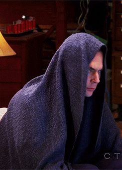 Sheldon Cooper in a blanked draped over his head like Darth Maul from Star Wars